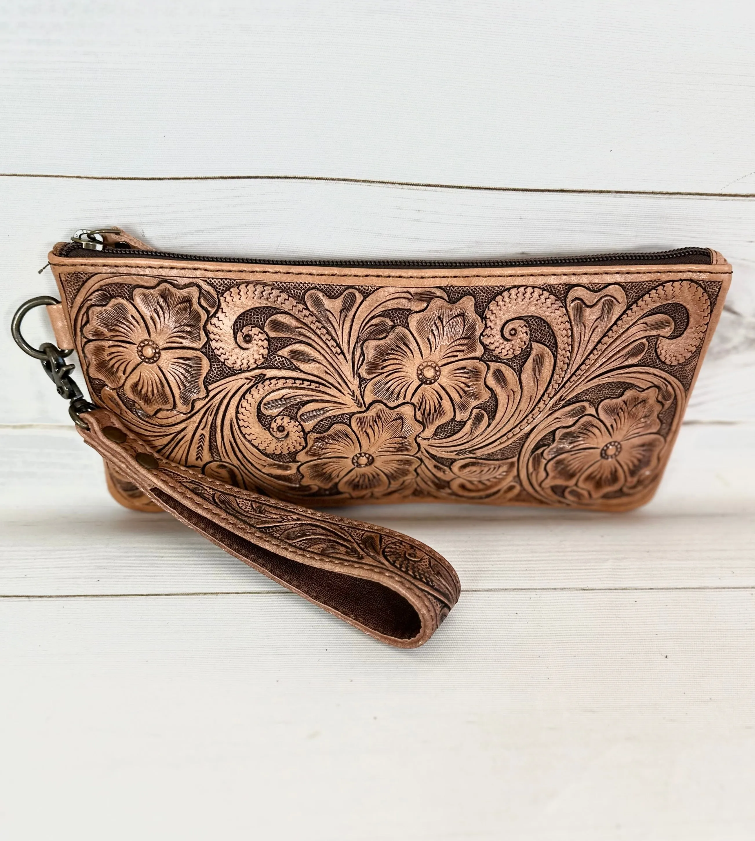 Leather Floral Tooled Long Wristlet Bag - Clutch