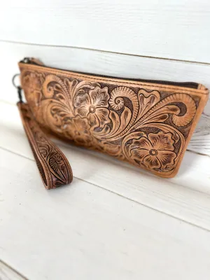 Leather Floral Tooled Long Wristlet Bag - Clutch
