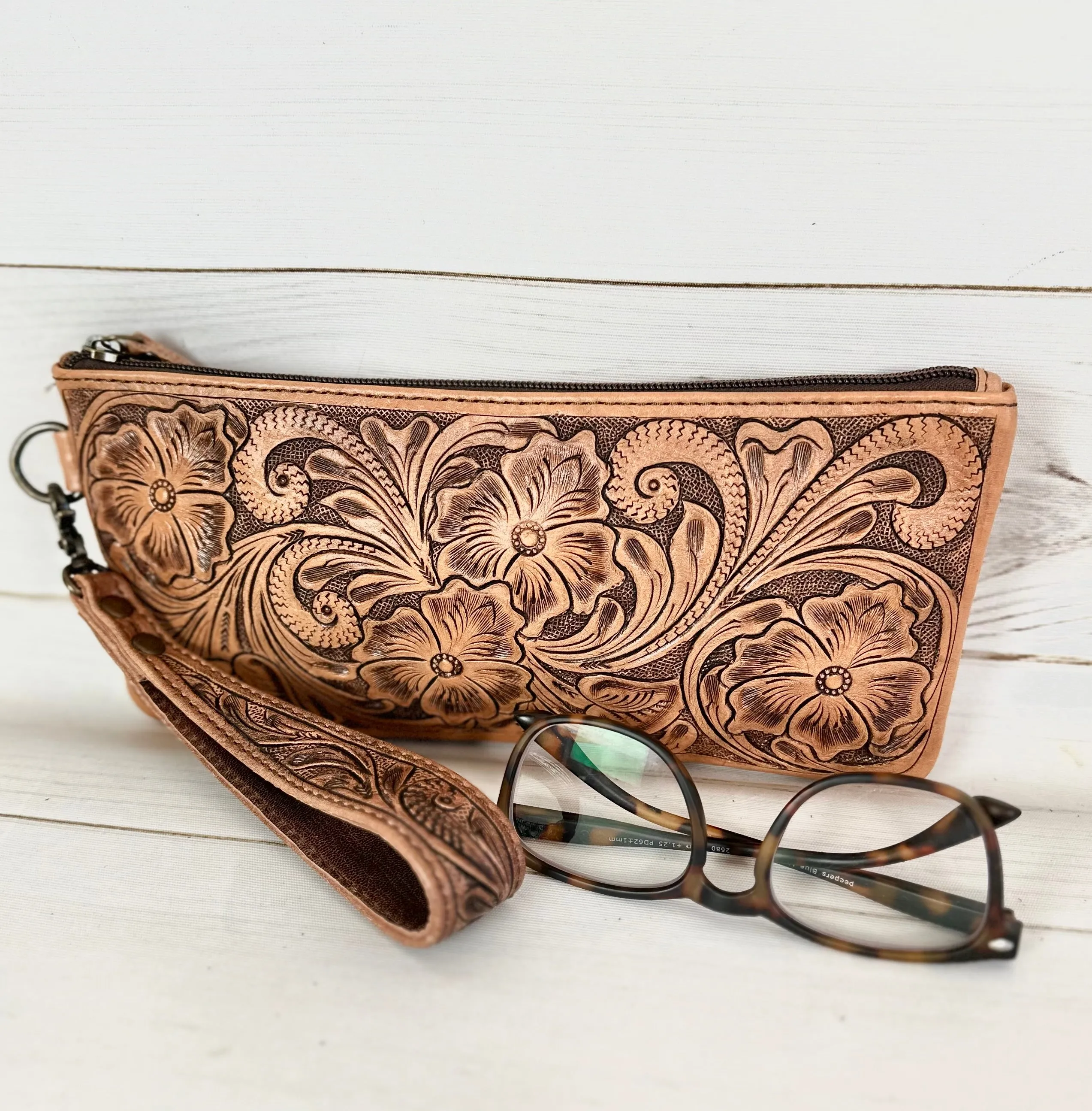 Leather Floral Tooled Long Wristlet Bag - Clutch
