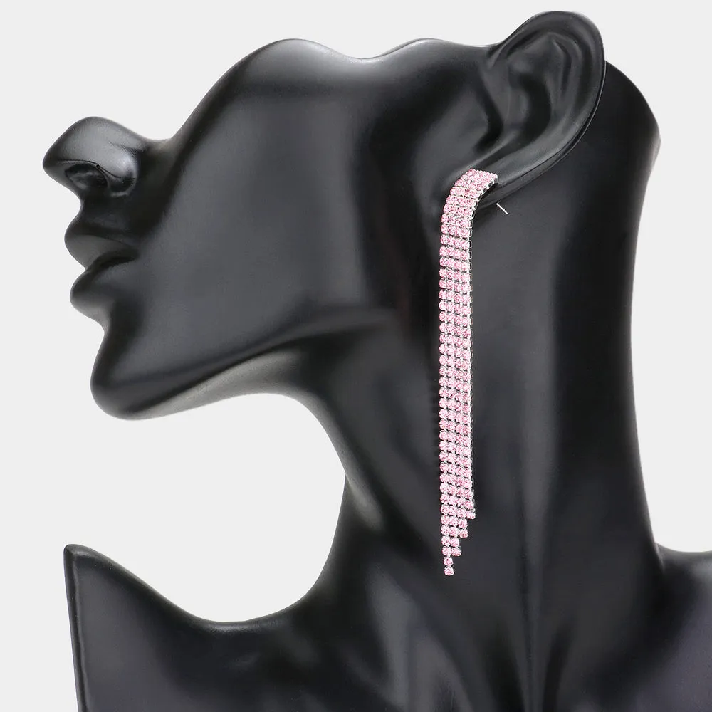 Light Rose Rhinestone 4 Row Fringe Pageant Earrings  | Long Earrings |  596313