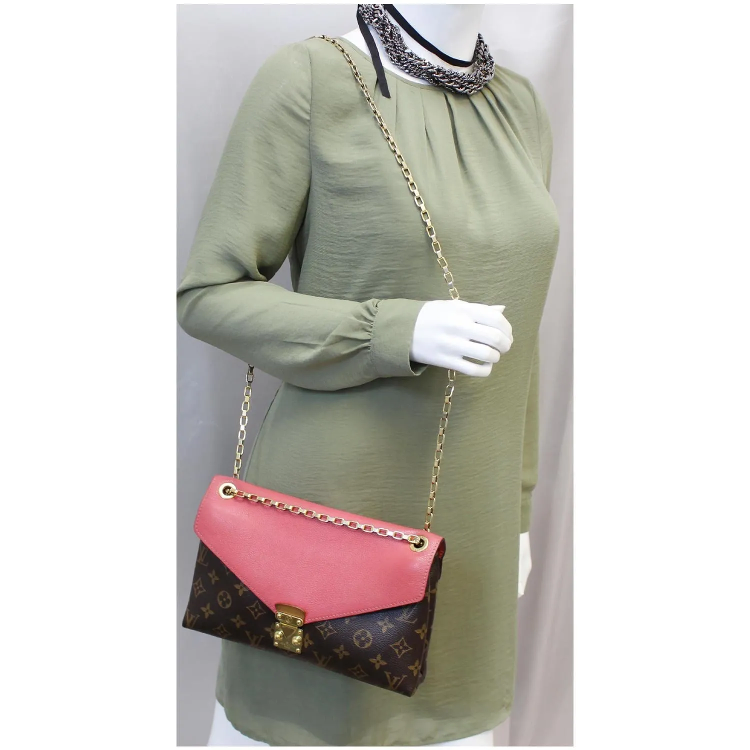 LOUIS VUITTON Pallas Chain Monogram Canvas Crossbody Bag Brown