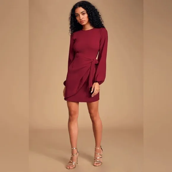Lulus Believe It or Knot Wine Red LongSleeve Tie-Front Skater Dress