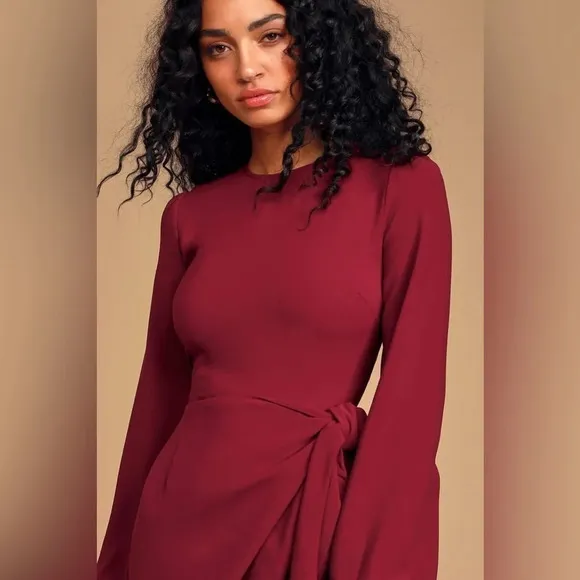 Lulus Believe It or Knot Wine Red LongSleeve Tie-Front Skater Dress