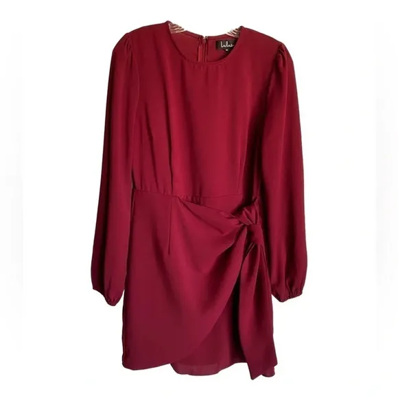 Lulus Believe It or Knot Wine Red LongSleeve Tie-Front Skater Dress