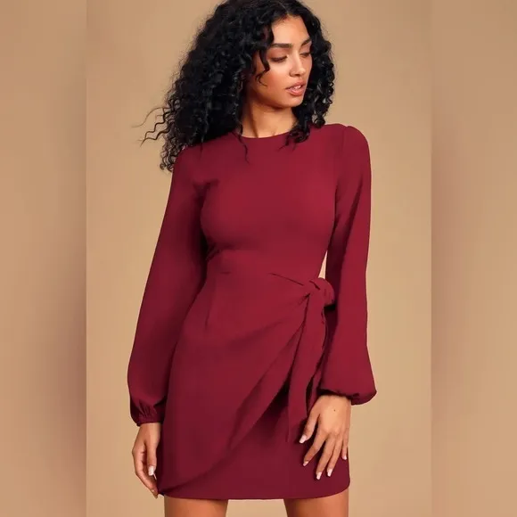 Lulus Believe It or Knot Wine Red LongSleeve Tie-Front Skater Dress