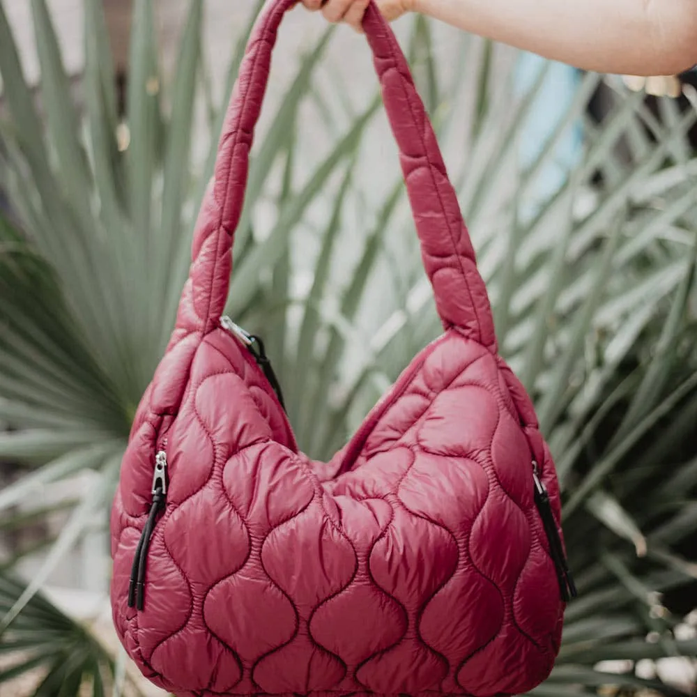 Maroon Wave Quilted Hobo Tote Bag: Maroon