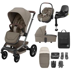 MAXI COSI FAME 10 Piece Premium Travel System with FamilyFix 360 Pro2  - Twilic Truffle (Black Wheel)