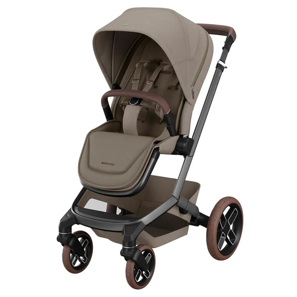 MAXI COSI FAME 10 Piece Premium Travel System with FamilyFix 360 Pro2 - Twilic Truffle (Brown Wheel)