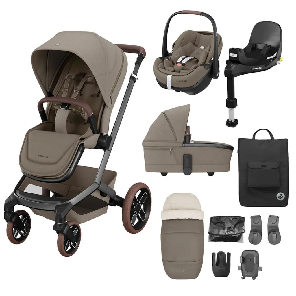 MAXI COSI FAME 10 Piece Premium Travel System with FamilyFix 360 Pro2 - Twilic Truffle (Brown Wheel)