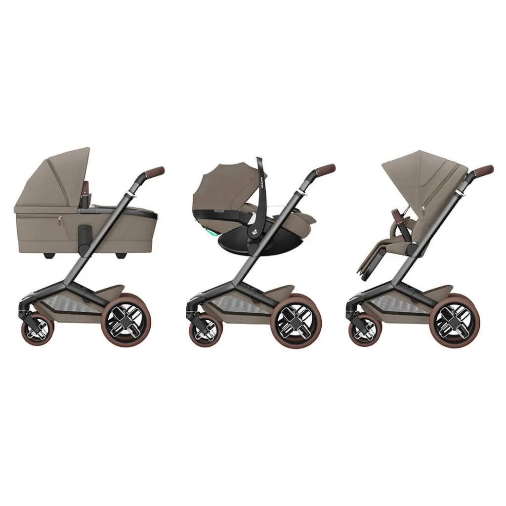MAXI COSI FAME 10 Piece Premium Travel System with FamilyFix 360 Pro2 - Twilic Truffle (Brown Wheel)