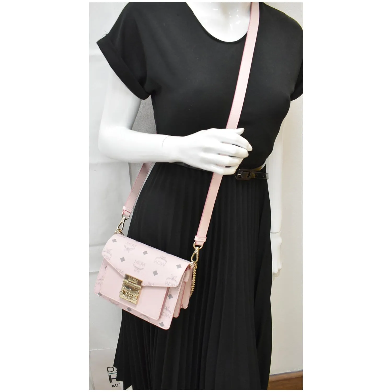 MCM Mini Patricia Visetos Leather Crossbody Bag Powder Pink