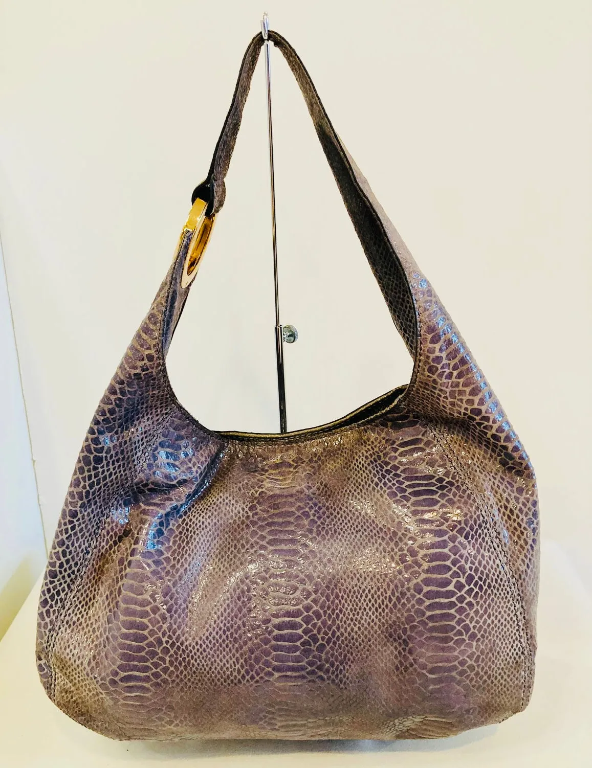 MICHAEL KORS Large Gray Snakeskin Leather Hobo Shoulder Bag
