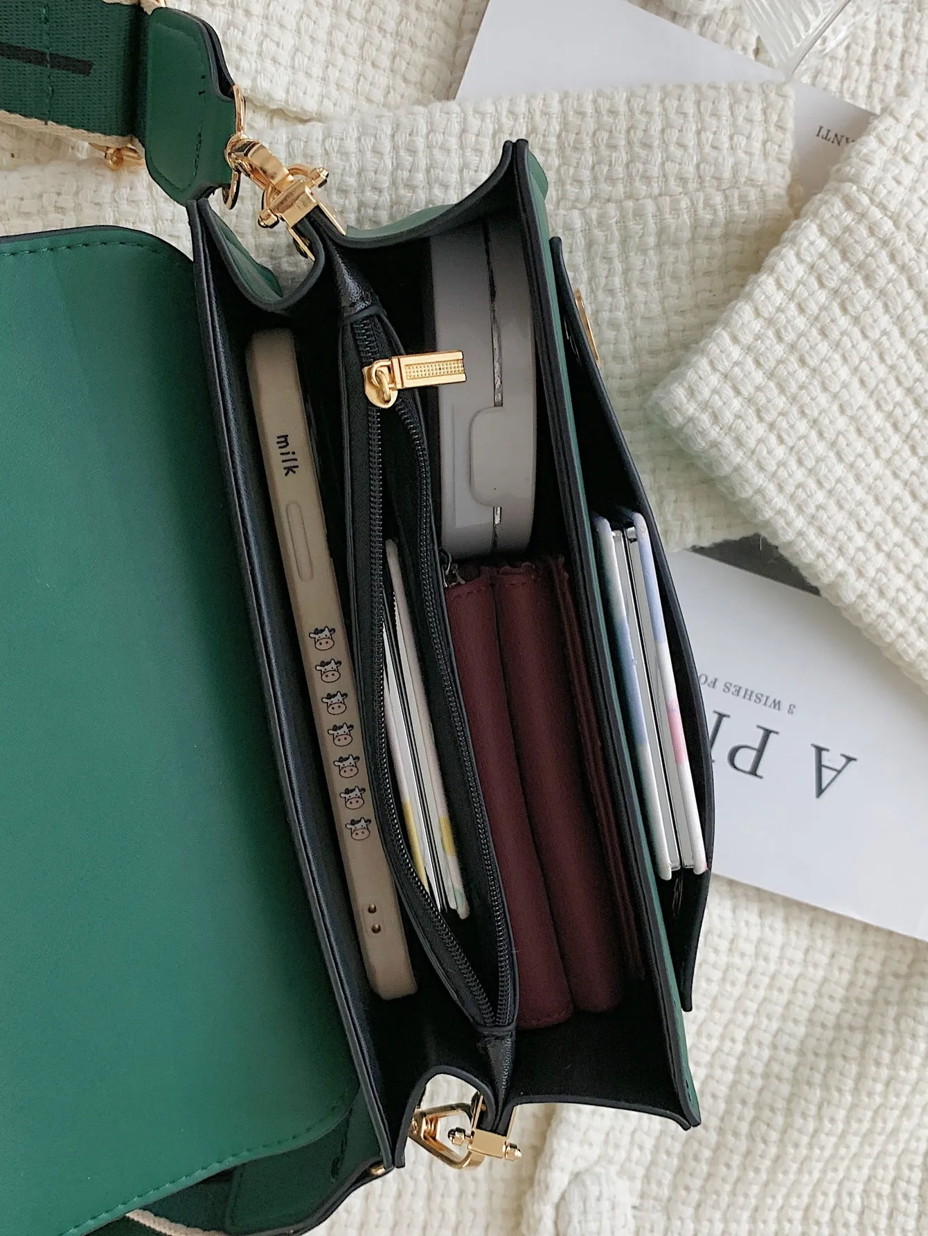 Mini Letter Graphic Strap Flap Hobo Bag - Dark Green