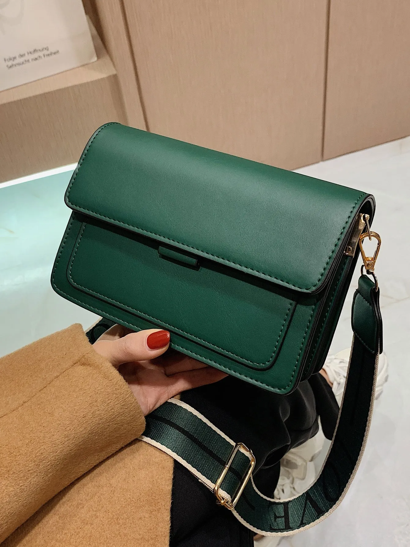 Mini Letter Graphic Strap Flap Hobo Bag - Dark Green