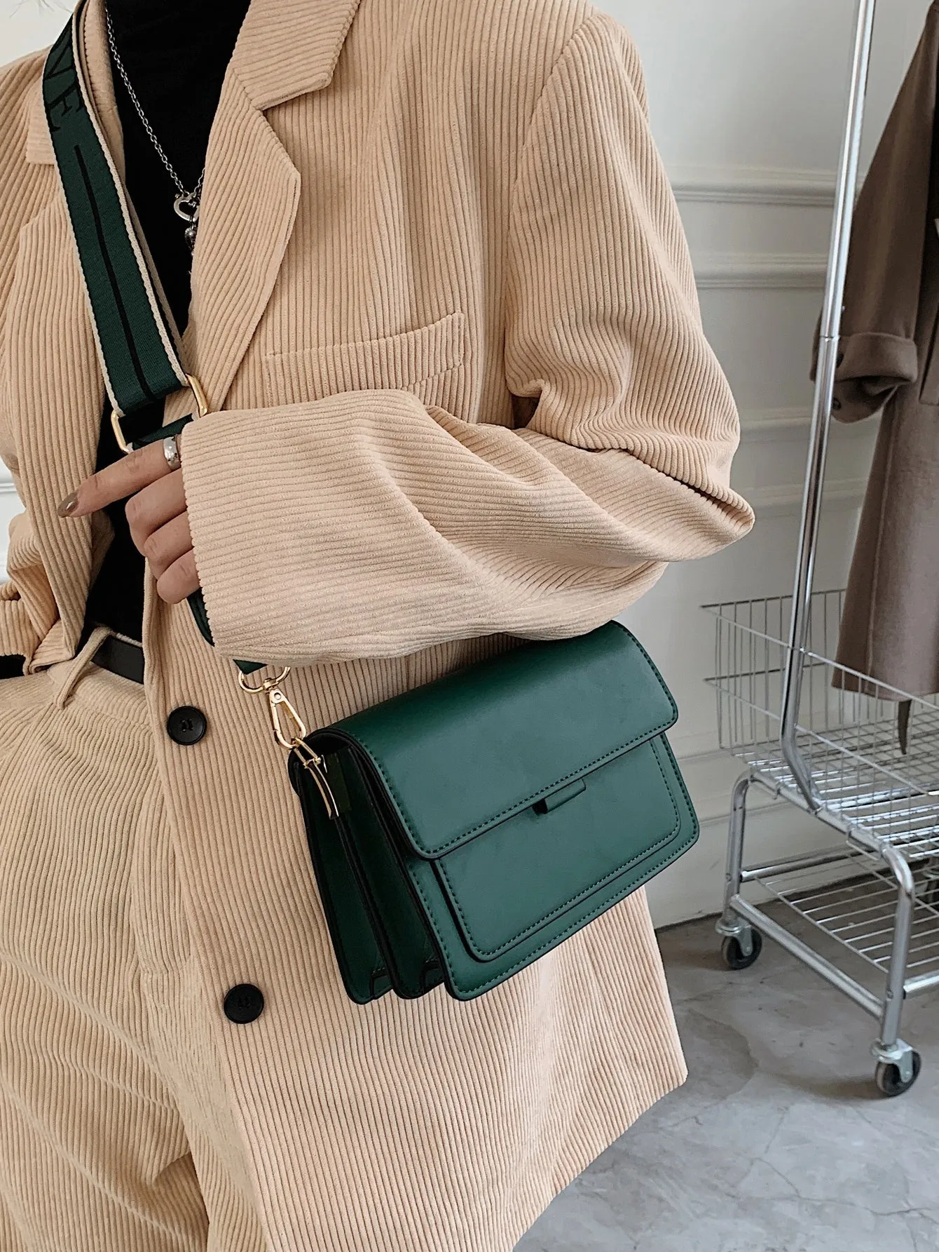 Mini Letter Graphic Strap Flap Hobo Bag - Dark Green