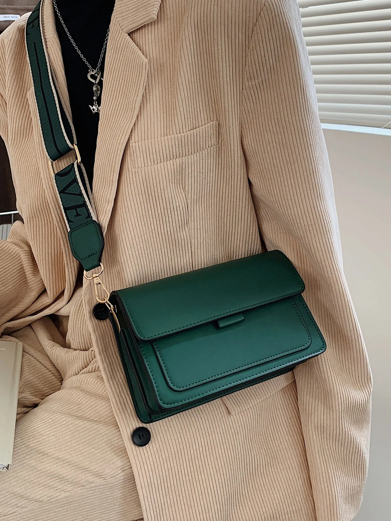 Mini Letter Graphic Strap Flap Hobo Bag - Dark Green