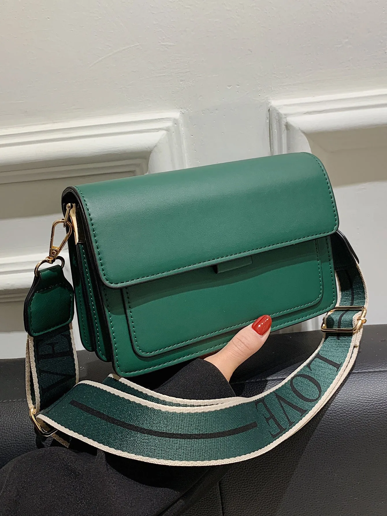 Mini Letter Graphic Strap Flap Hobo Bag - Dark Green