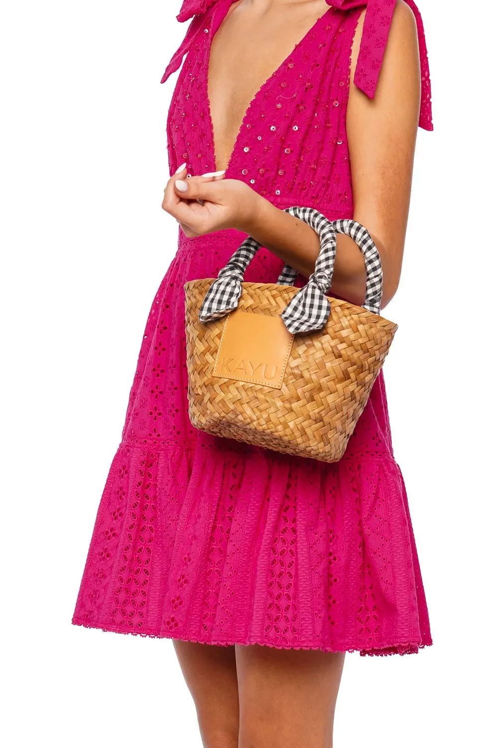 Mini Marlow Black Gingham Straw Tote