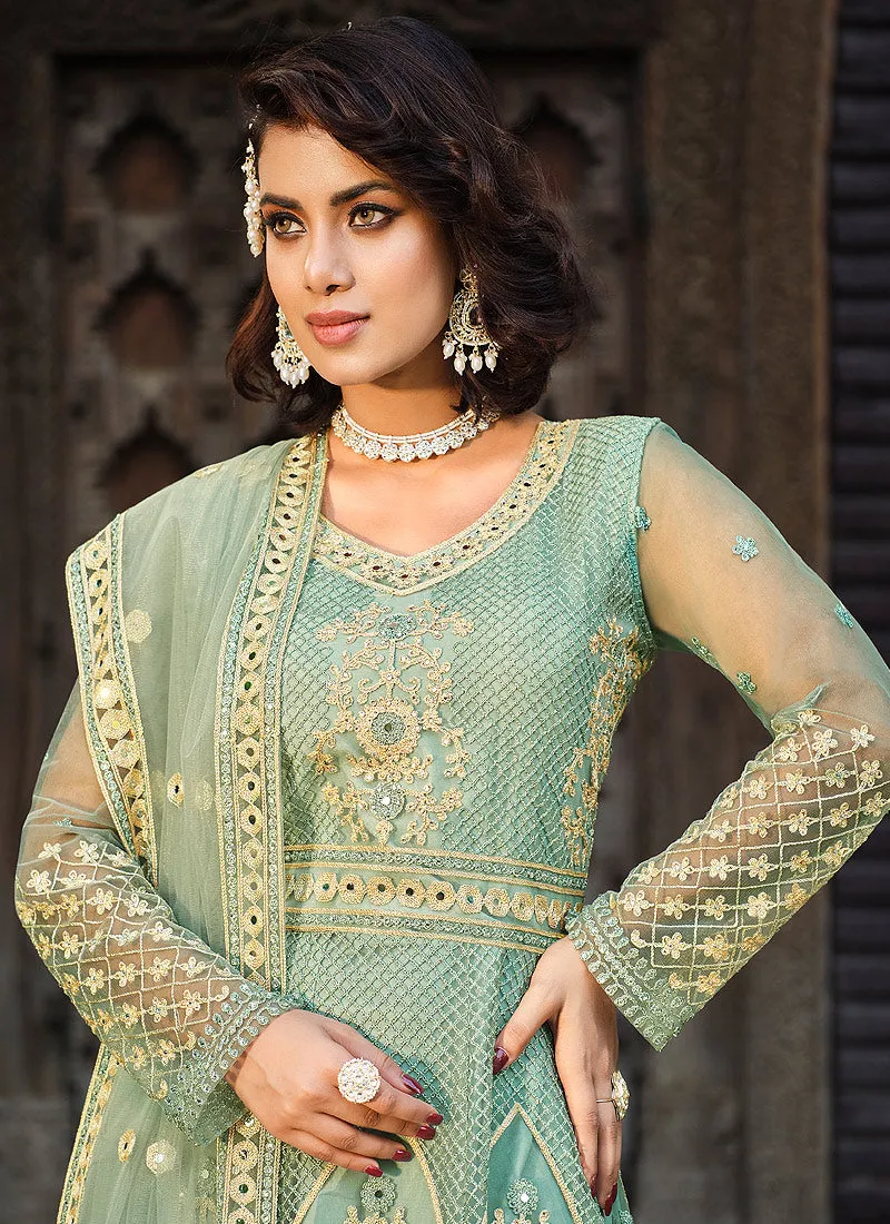 Mint Heavy Embroidered Designer Anarkali Suit