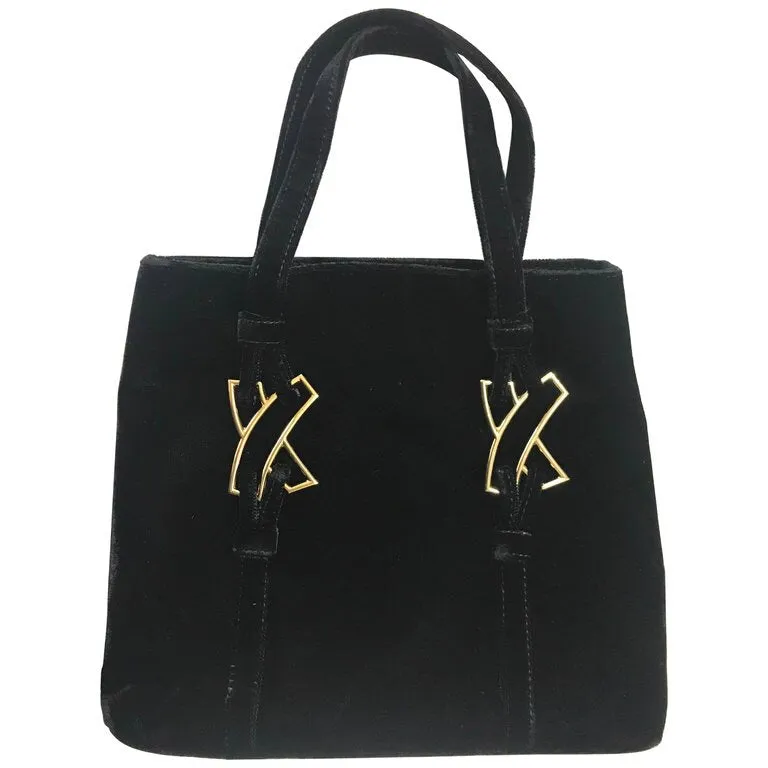 MINT. Vintage Paloma Picasso black velvet tote bag with golden logo motifs. Perfect casual use bag. 061105re3
