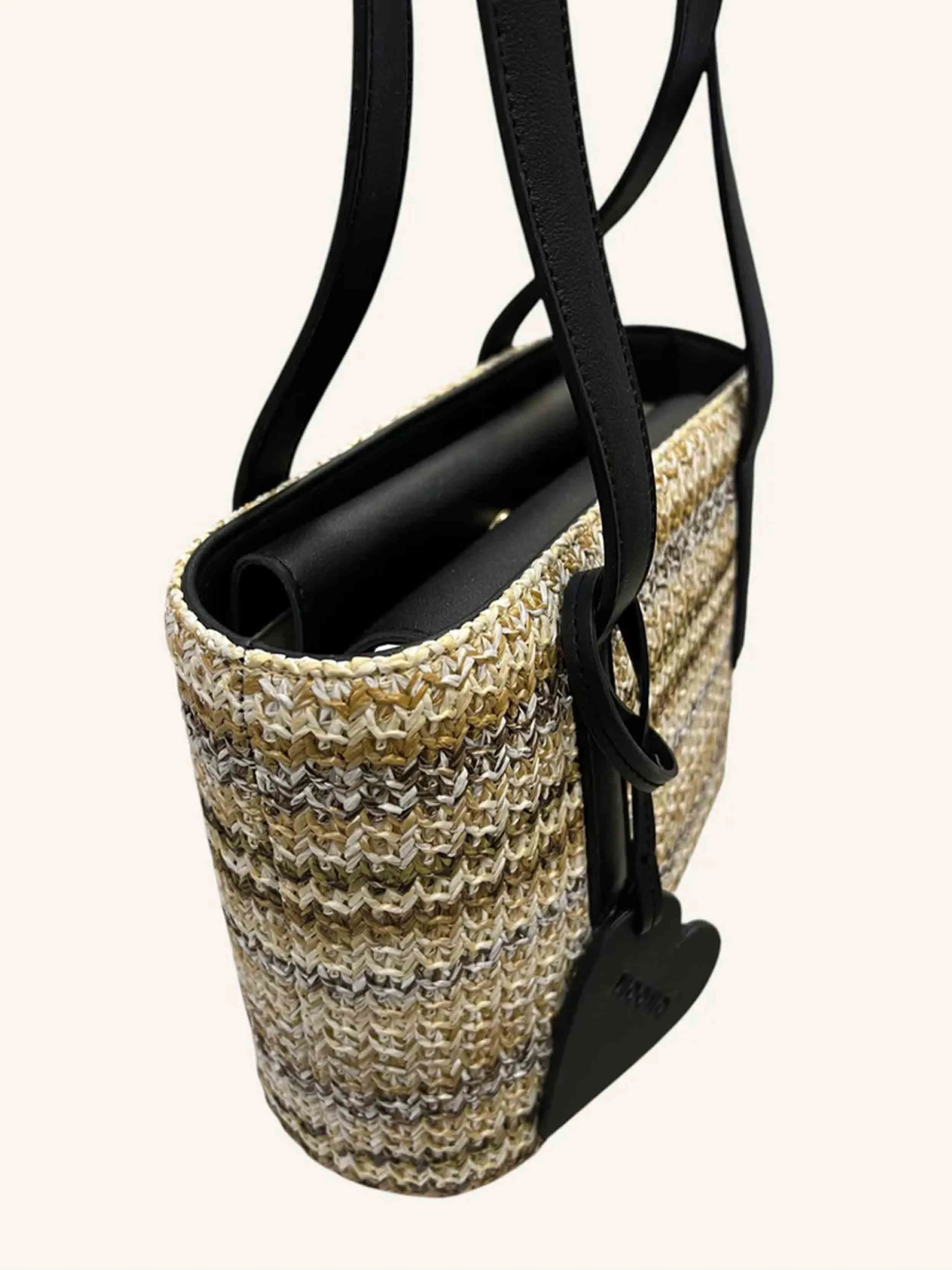 MOONO - Brown shaded Raffia mini tote with black straps and heart