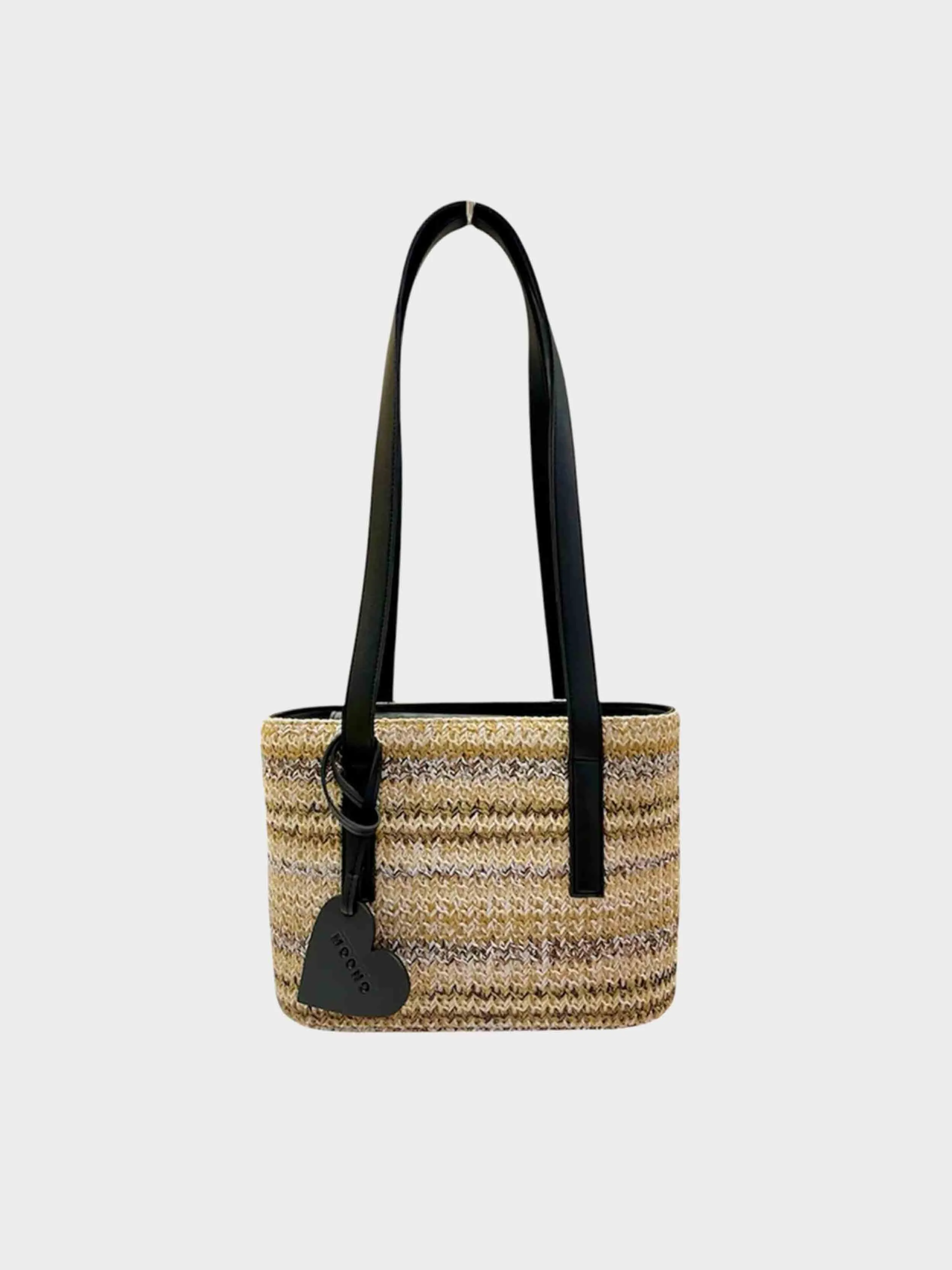 MOONO - Brown shaded Raffia mini tote with black straps and heart