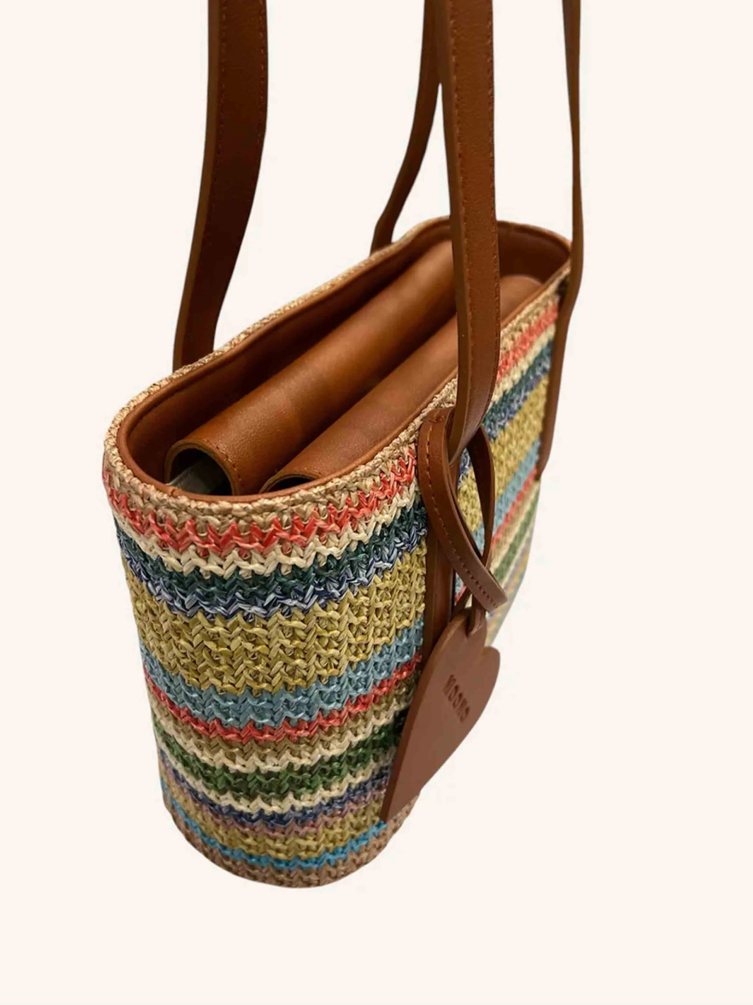 MOONO - Colored Raffia mini tote with Camel straps and heart charm