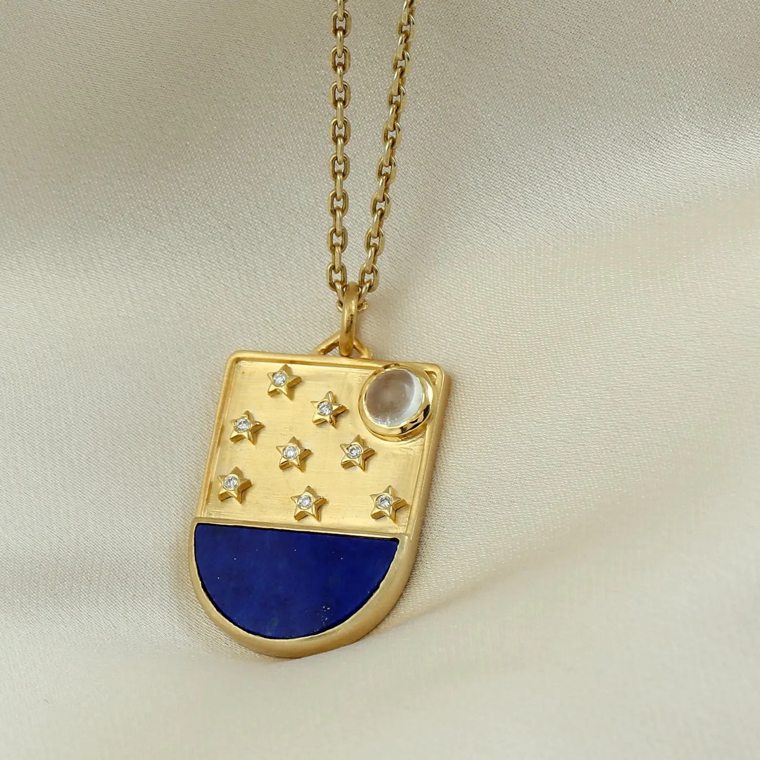 Natural Lapis Moonstone Diamond Star Dsigner Pendant In 14k Yellow Gold