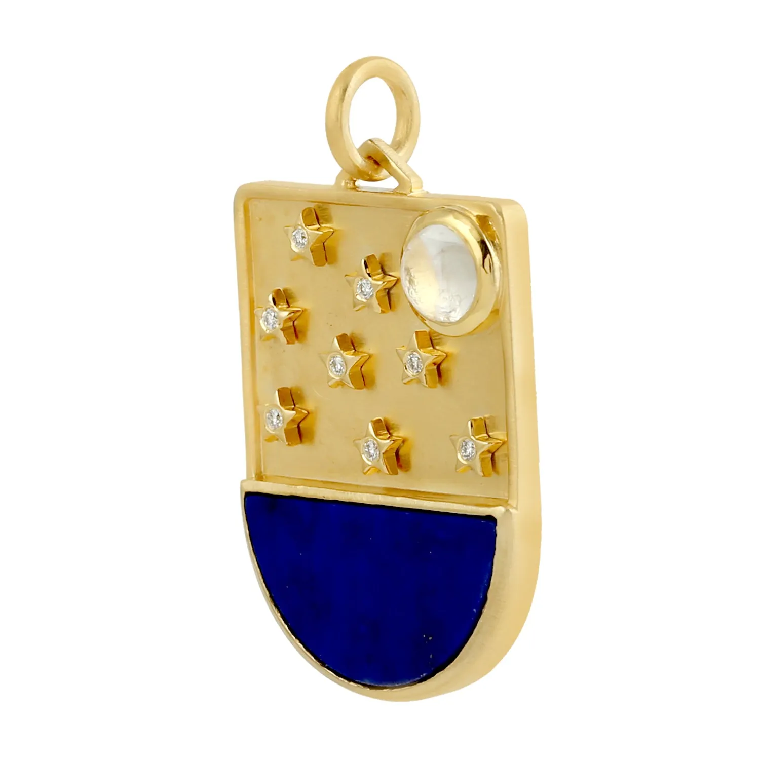 Natural Lapis Moonstone Diamond Star Dsigner Pendant In 14k Yellow Gold