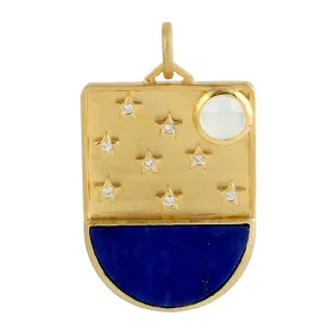 Natural Lapis Moonstone Diamond Star Dsigner Pendant In 14k Yellow Gold