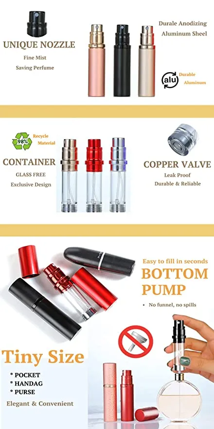 New D-LOTUS Refillable Perfume Atomizer Empty Mini TSA Travel 5ml Perfume Spray Bottle, Portable Fragrance Container for Man and Women, TSA Approved, 5ml (Black and Gold)