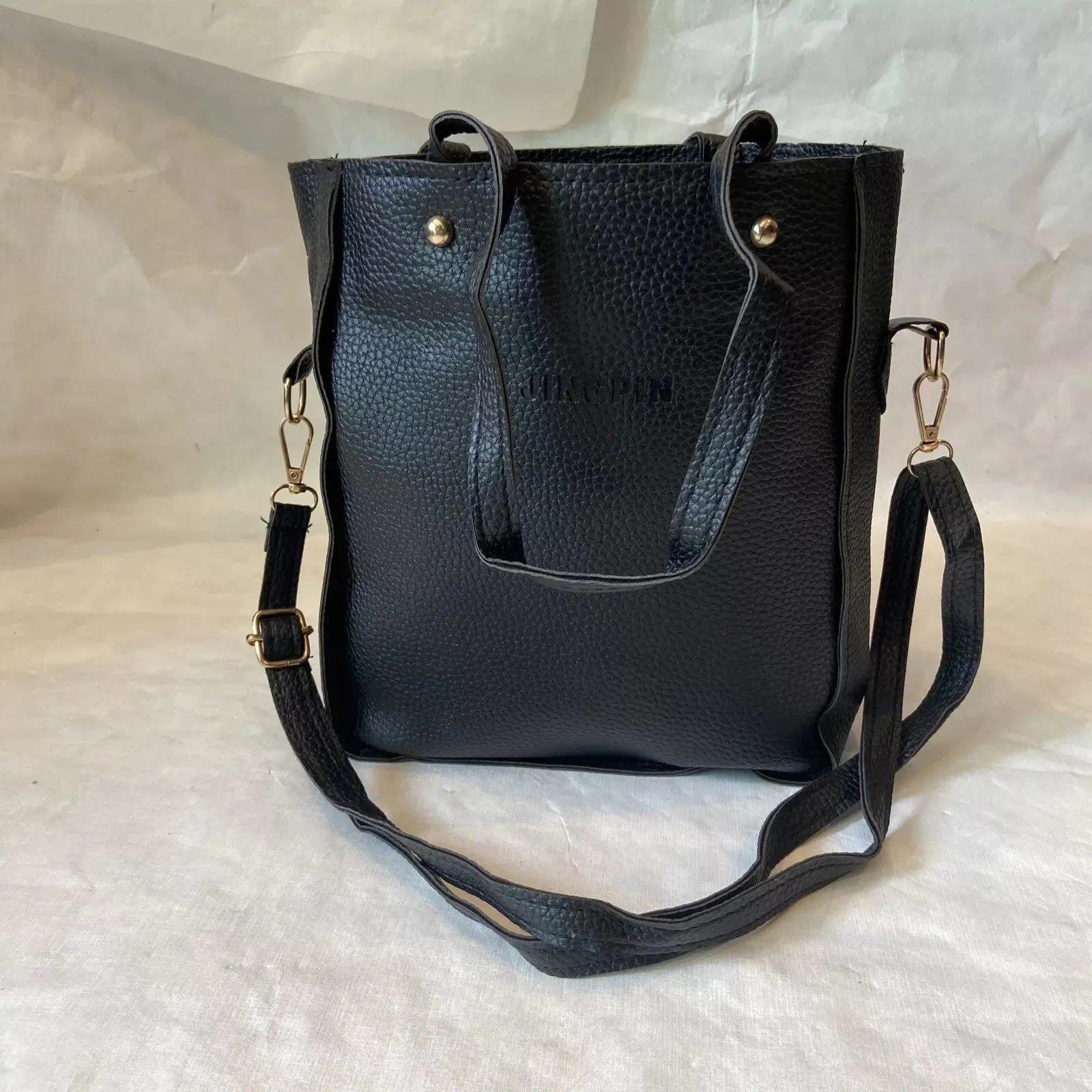 New JINGPIN Black Pebbled Faux Leather Shoulder Tote Bag with 3 accessories