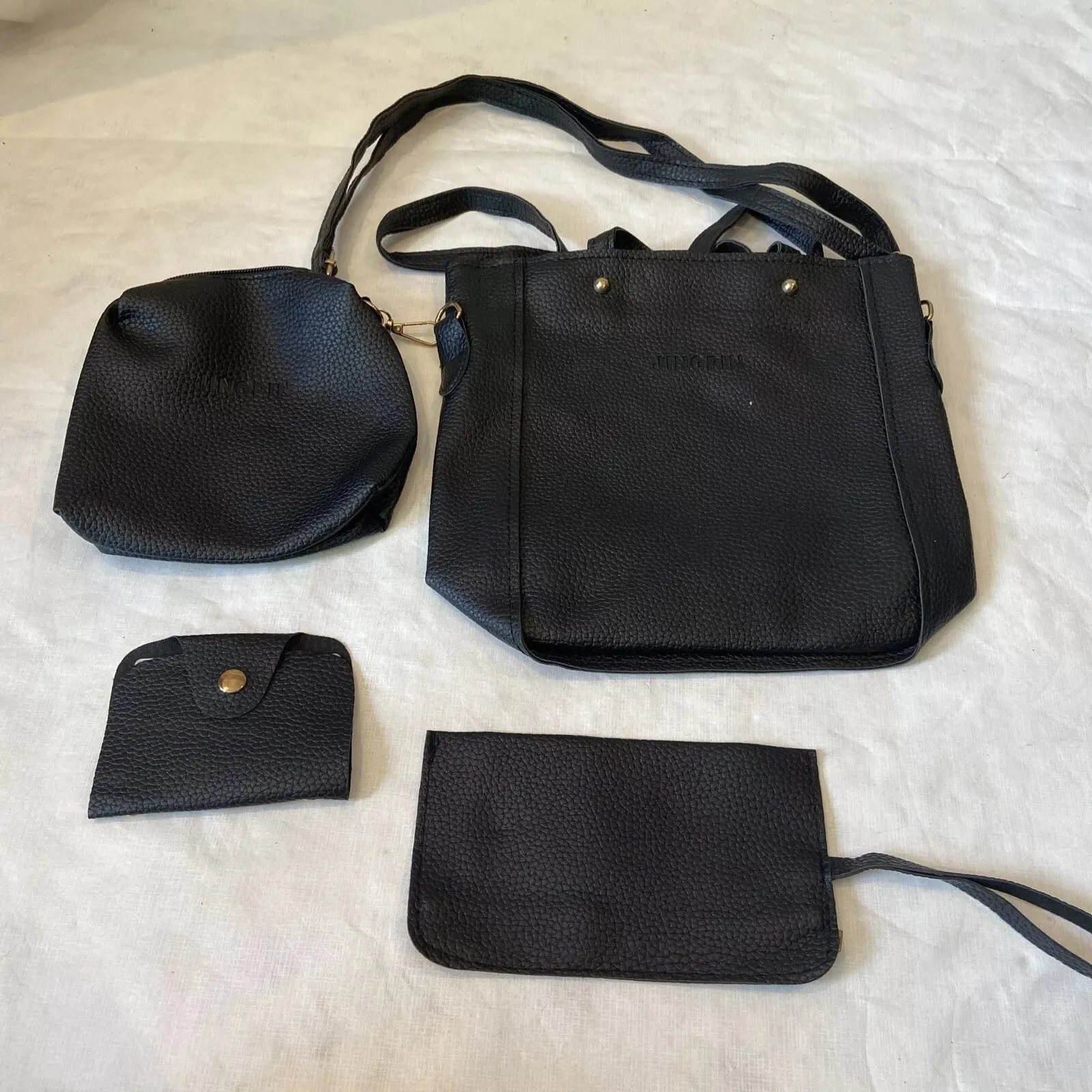 New JINGPIN Black Pebbled Faux Leather Shoulder Tote Bag with 3 accessories