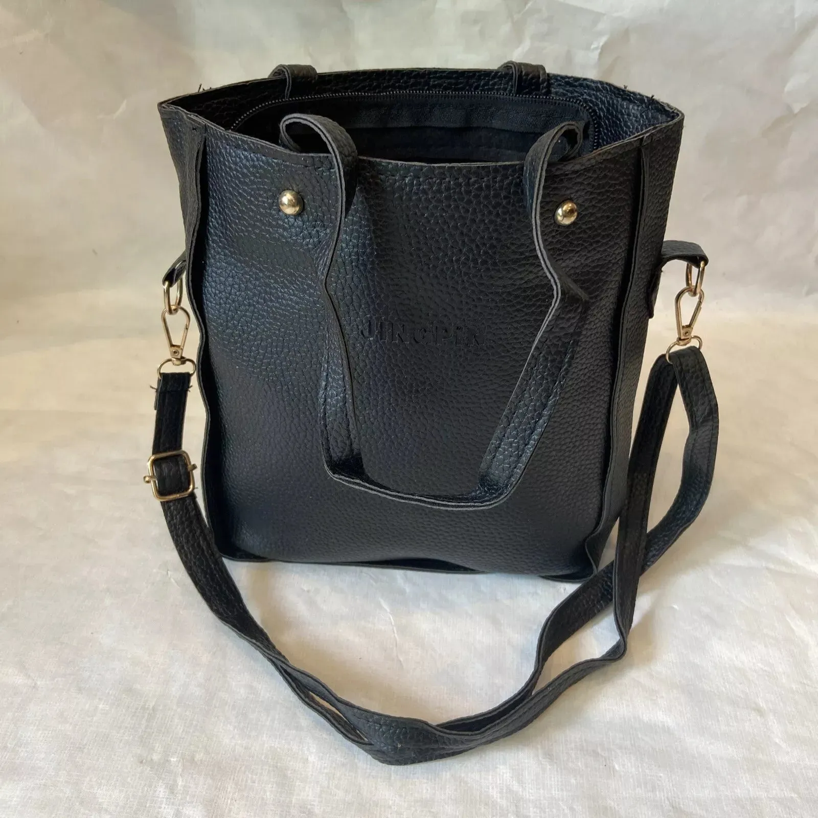 New JINGPIN Black Pebbled Faux Leather Shoulder Tote Bag with 3 accessories