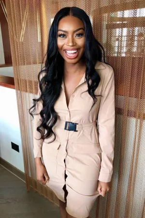 Nude Buckle Belted Utility Shirt Dress - Layla