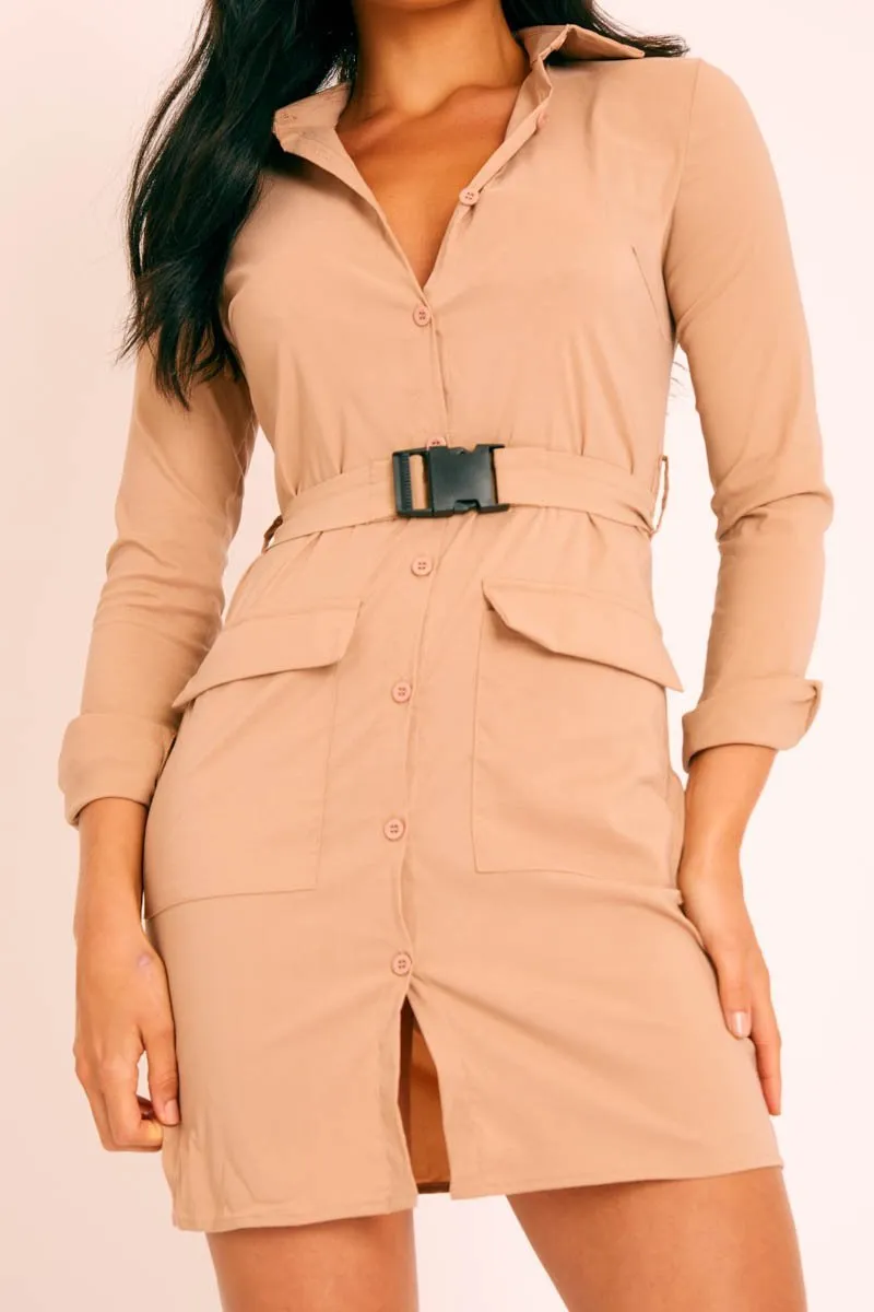 Nude Buckle Belted Utility Shirt Dress - Layla