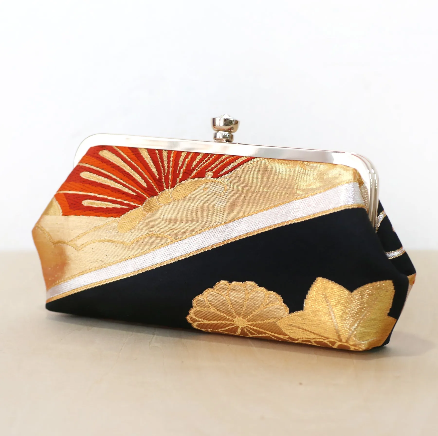 Orange and Black Butterfly Silk Kimono Clutch Purse | Upcycled Kimono Obi Silk