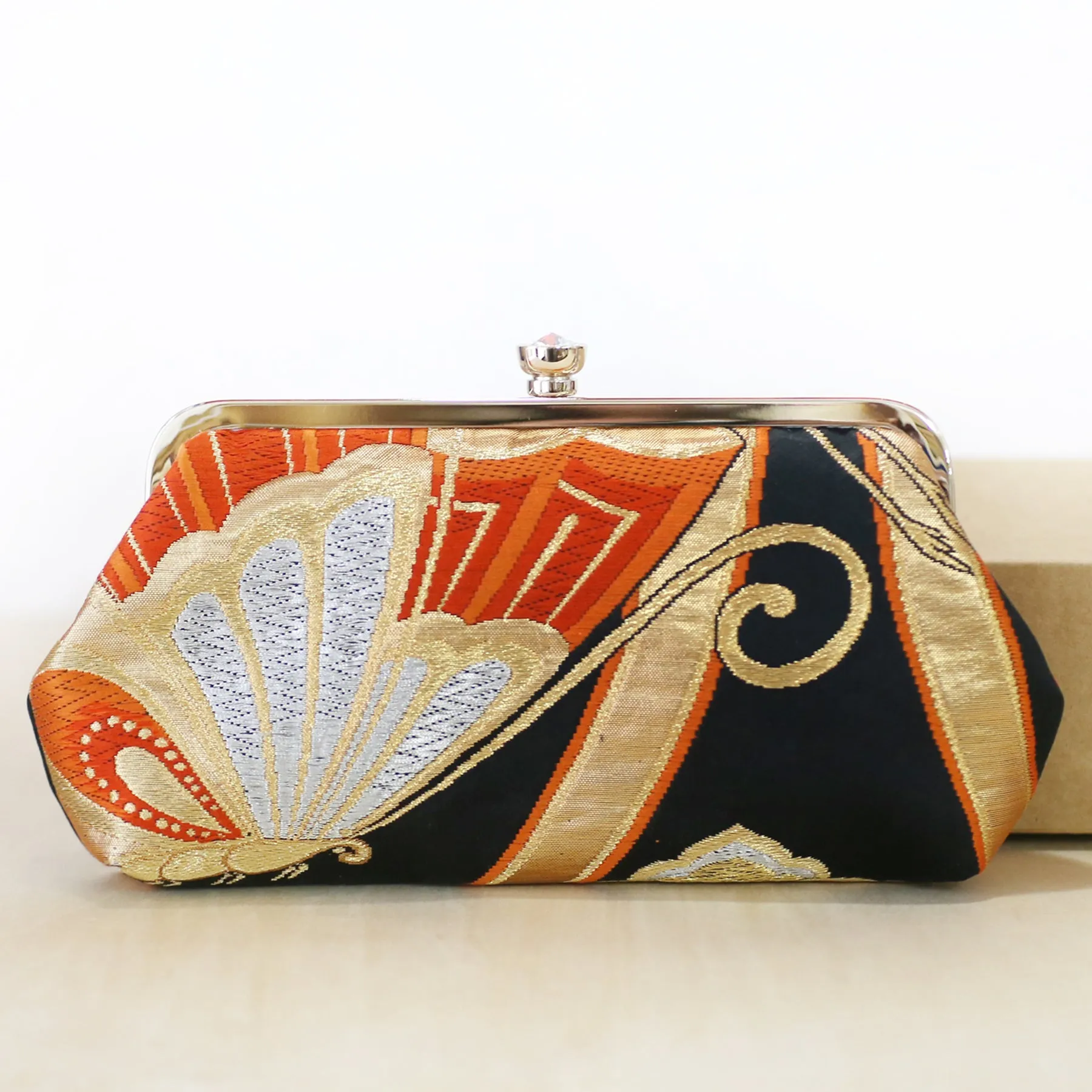 Orange and Black Butterfly Silk Kimono Clutch Purse | Upcycled Kimono Obi Silk
