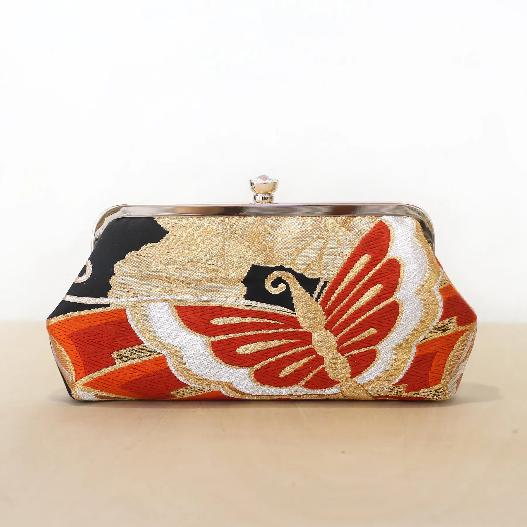 Orange and Black Butterfly Silk Kimono Clutch Purse | Upcycled Kimono Obi Silk