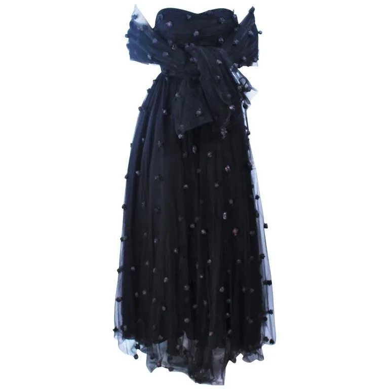 PAMELA DENNIS Black Mesh Gown, Applique & Wrap Size 2-4