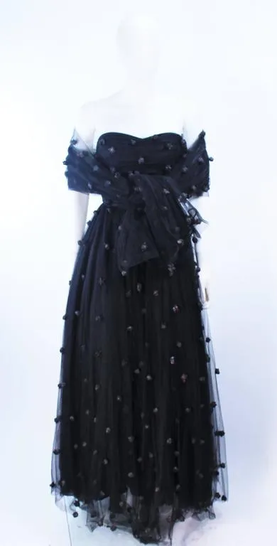 PAMELA DENNIS Black Mesh Gown, Applique & Wrap Size 2-4