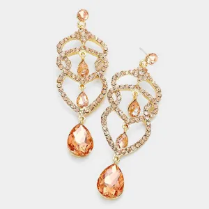 Peach Crystal Rhinestone Teardrop Dangle Pageant Earrings on Gold  | 310906