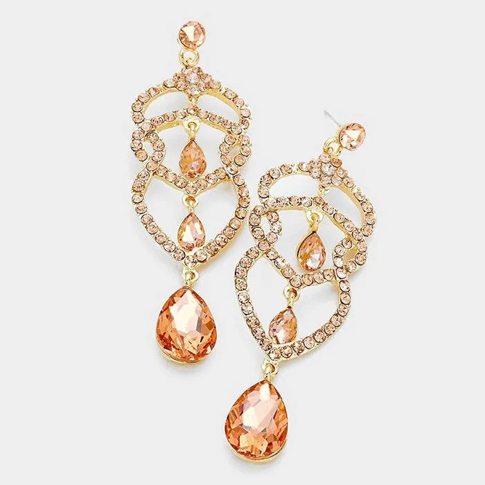 Peach Crystal Rhinestone Teardrop Dangle Pageant Earrings on Gold  | 310906
