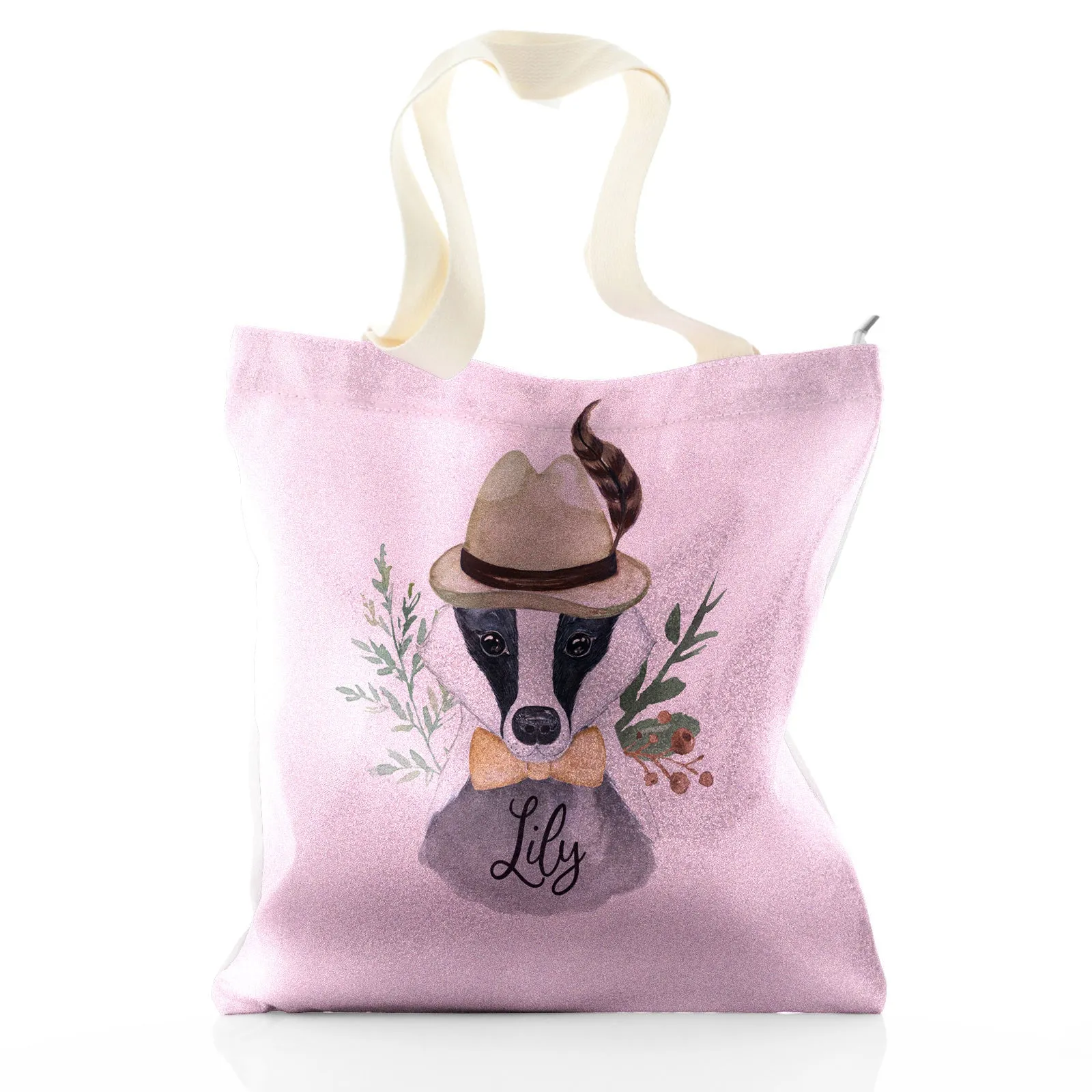 Personalised Glitter Tote Bag with Badger Feather Hat and Cute Text