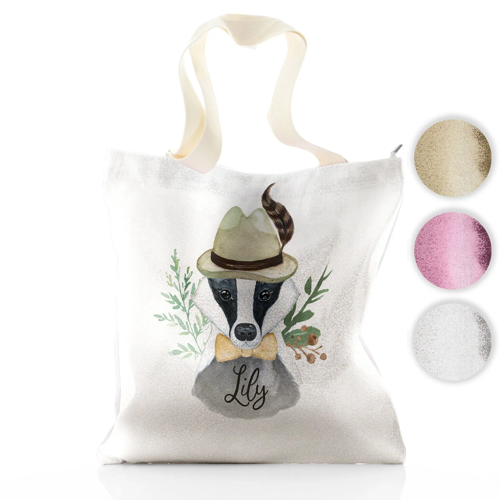 Personalised Glitter Tote Bag with Badger Feather Hat and Cute Text