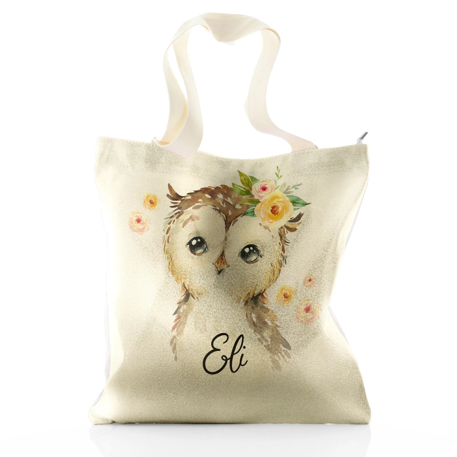 Personalised Glitter Tote Bag with Brown Owl Yellow Flowers and Cute Text