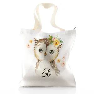 Personalised Glitter Tote Bag with Brown Owl Yellow Flowers and Cute Text