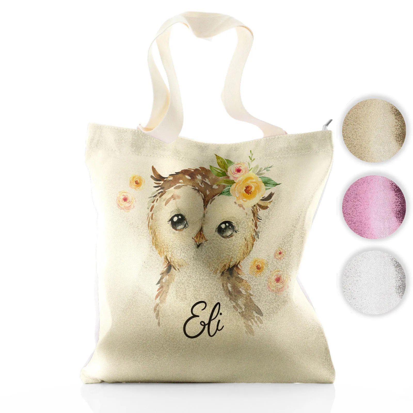 Personalised Glitter Tote Bag with Brown Owl Yellow Flowers and Cute Text