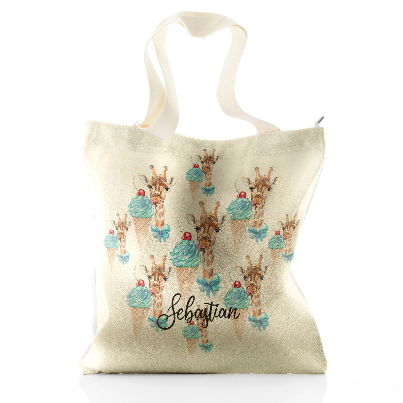 Personalised Glitter Tote Bag with Giraffe Blue Ice creams and Cute Text
