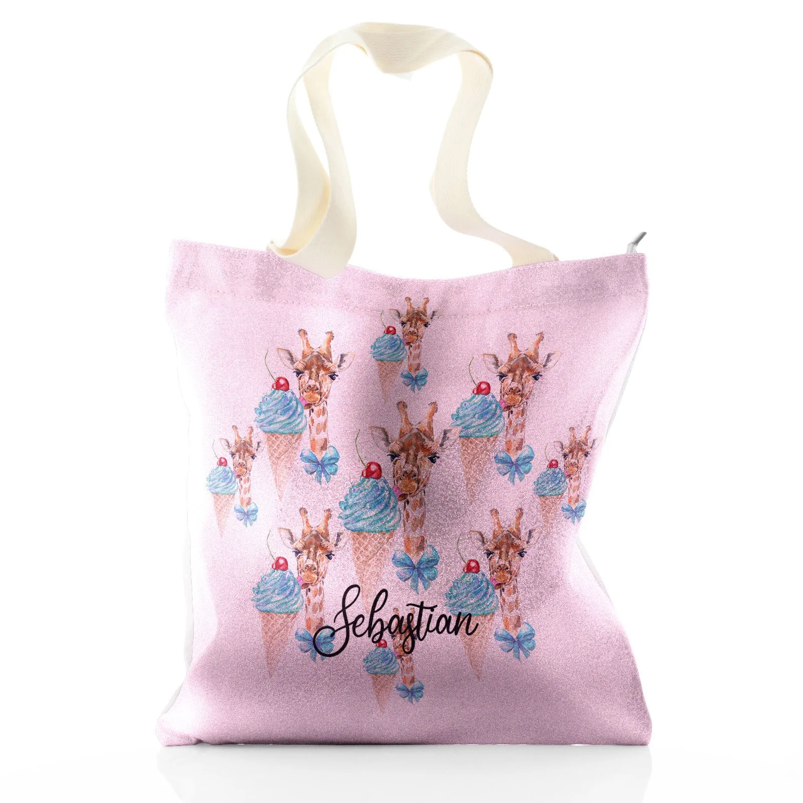 Personalised Glitter Tote Bag with Giraffe Blue Ice creams and Cute Text